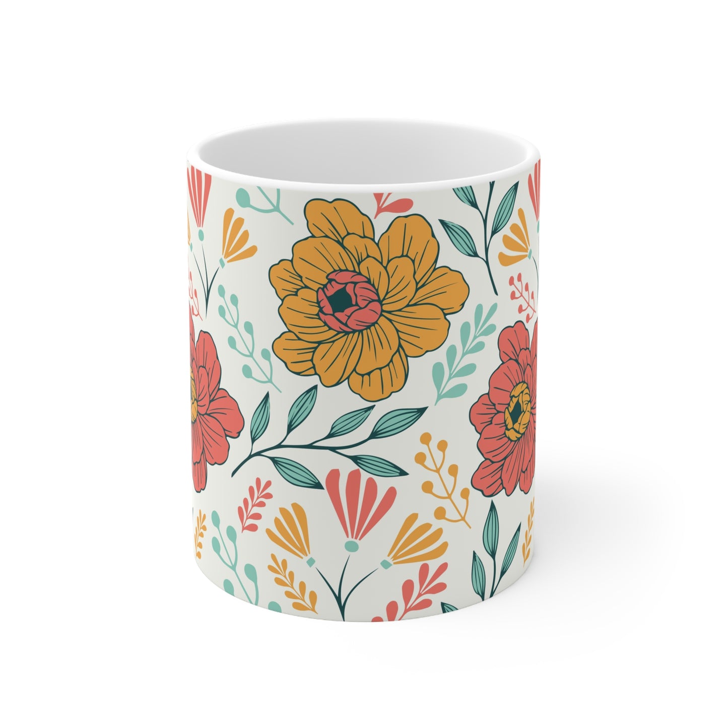 Blooms and Breezes Serenity: White Ceramic Mug with Orange, Coral Flowers, and Teal Leaves