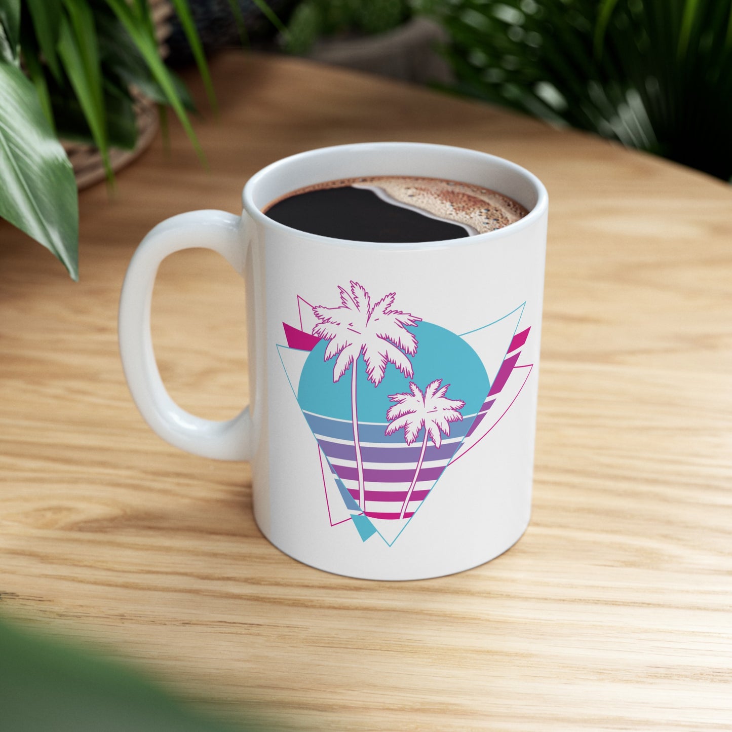 90's Vibes Ceramic Mug 11oz White | Triangle & Palm Tree Design