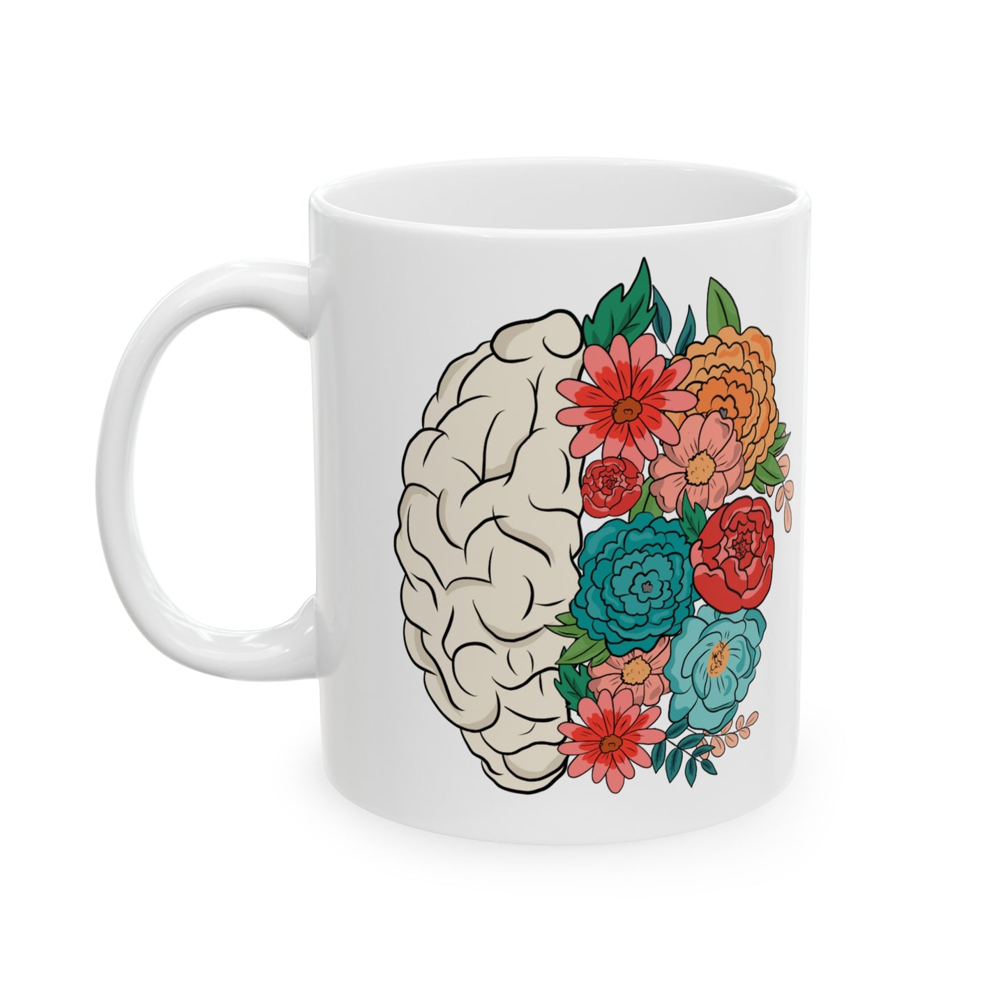 🌸 "Floral Brain" Ceramic Mug 11 oz - Colorful Flower Brain Coffee Mug Gift