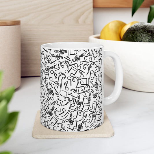 🎼 Monochromatic Manic Music Ceramic Mug 11 oz - Black Notes Design