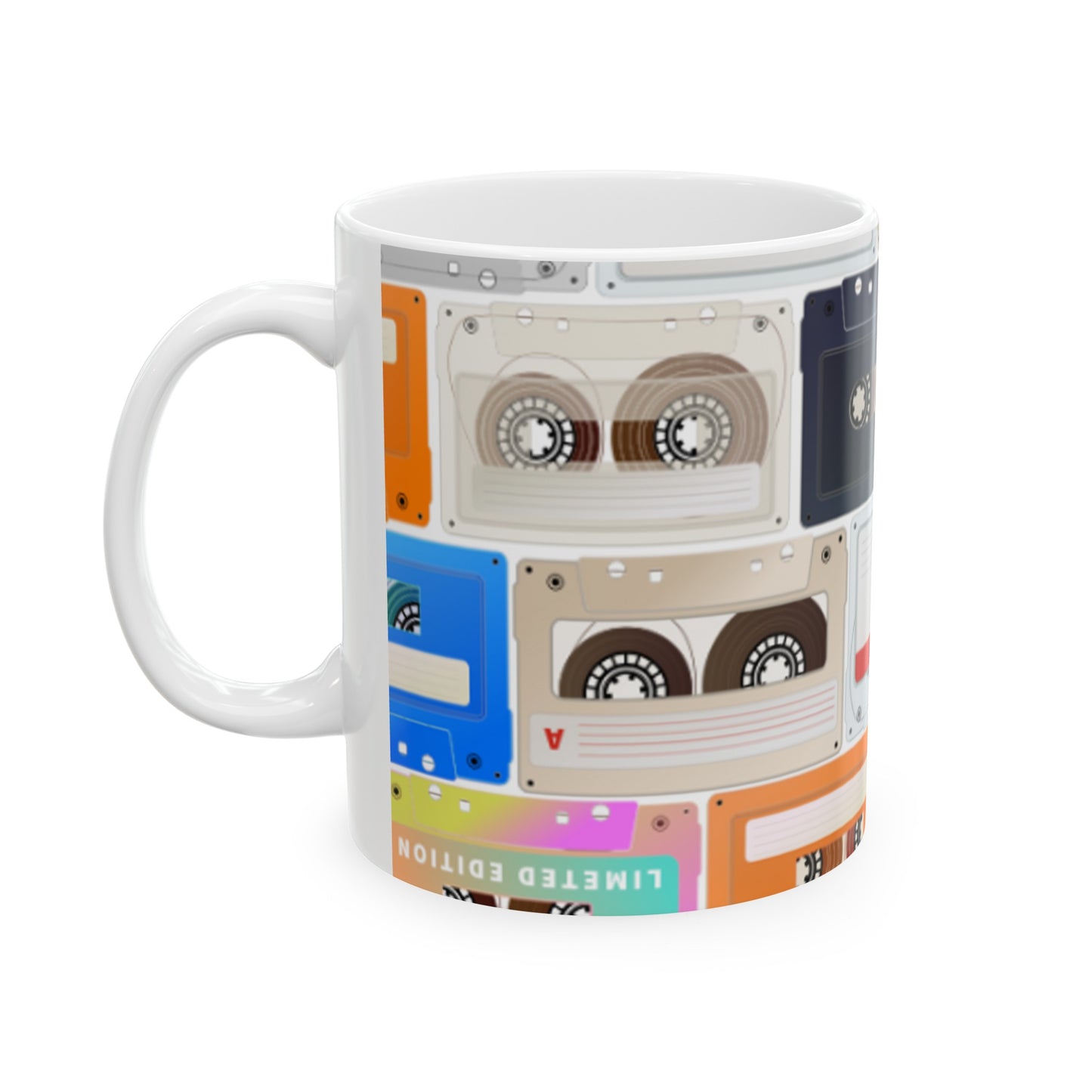 Retro Vibes Ceramic Mug 11oz - Multicolored Cassette Tapes Design