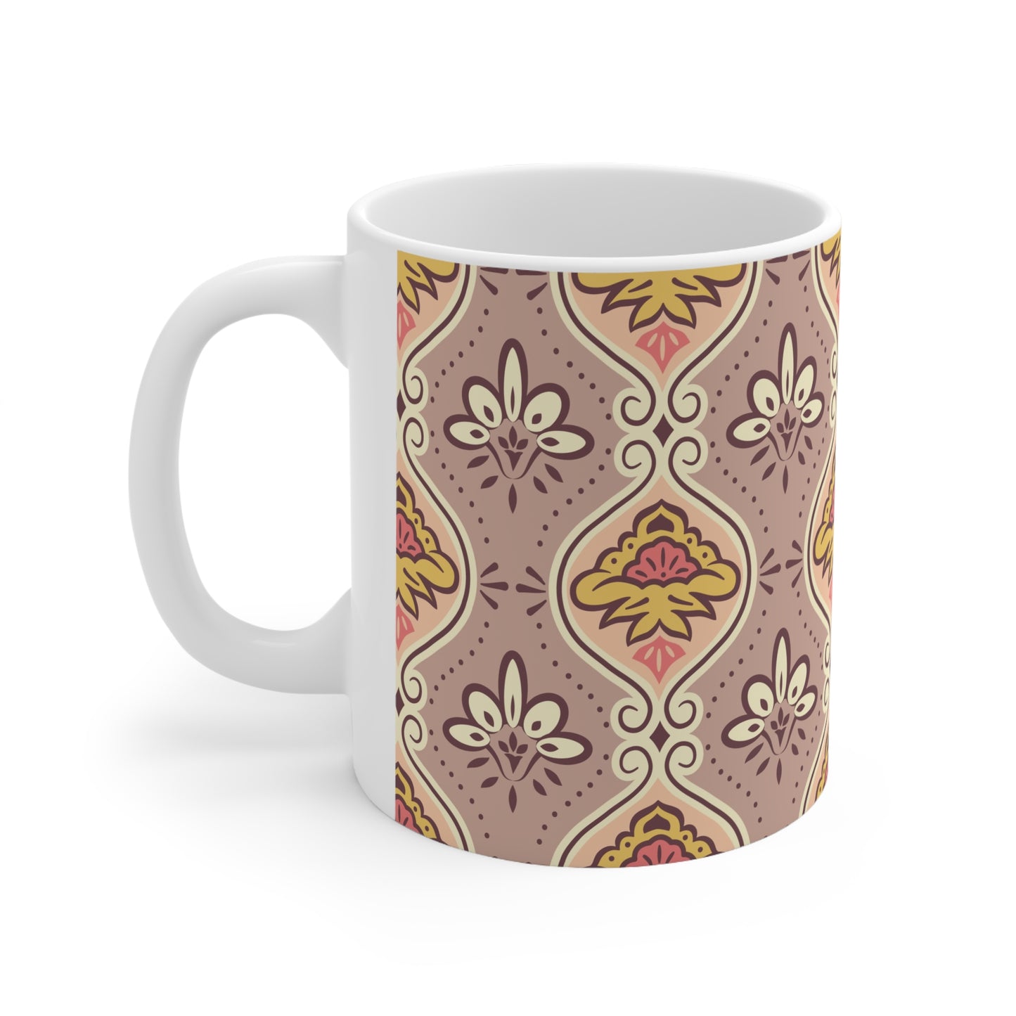 Pastel Harmony Bliss: Light Purple/Pink Ceramic Mug with Yellow and White, Pink Designs