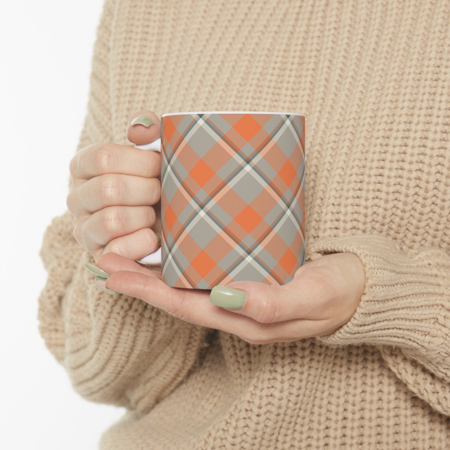 Cozy Plaid: Grey and Orange Ceramic Mug