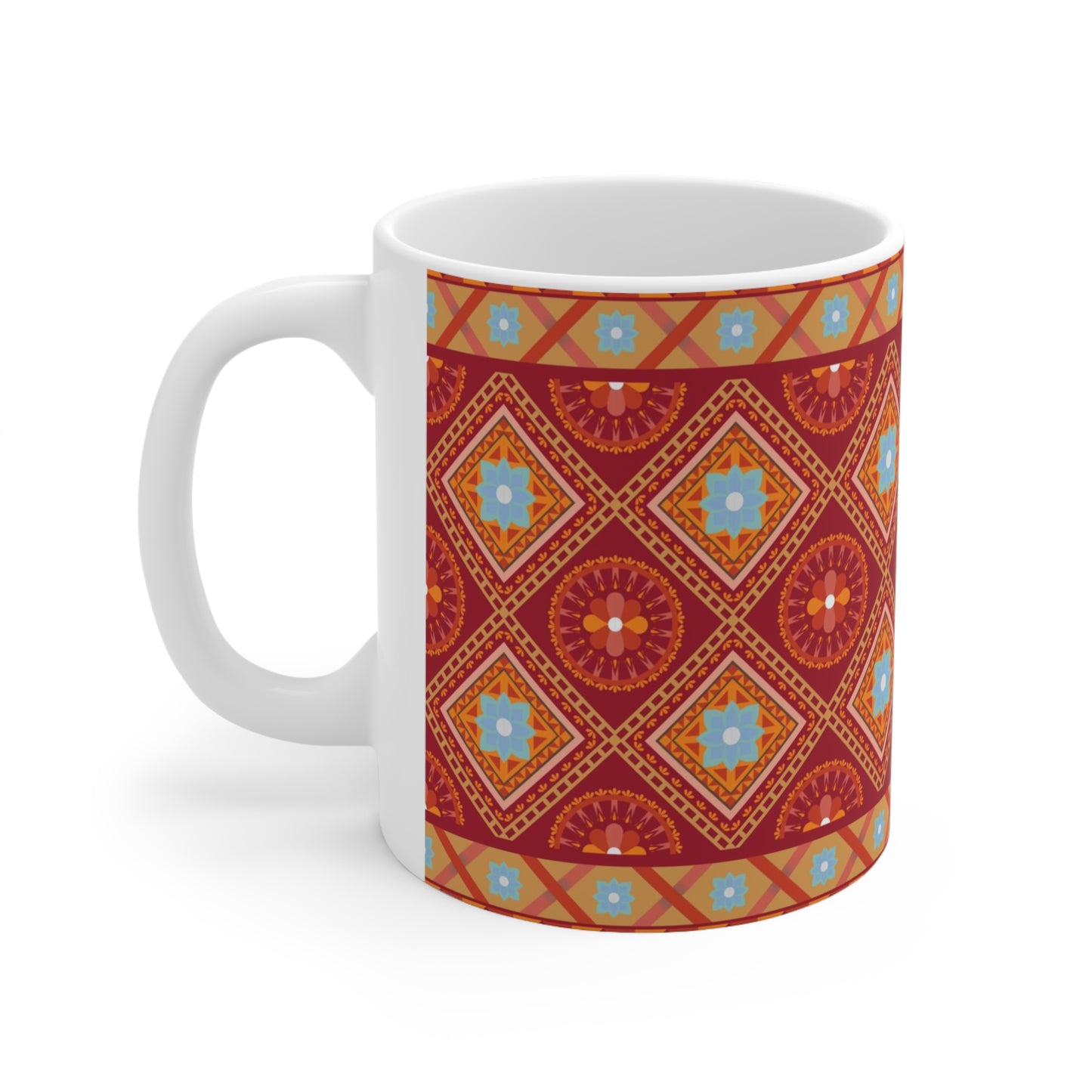 Radiant Fusion Burst: Red Ceramic Mug with Light Blue, Orange, and Red Design Pattern