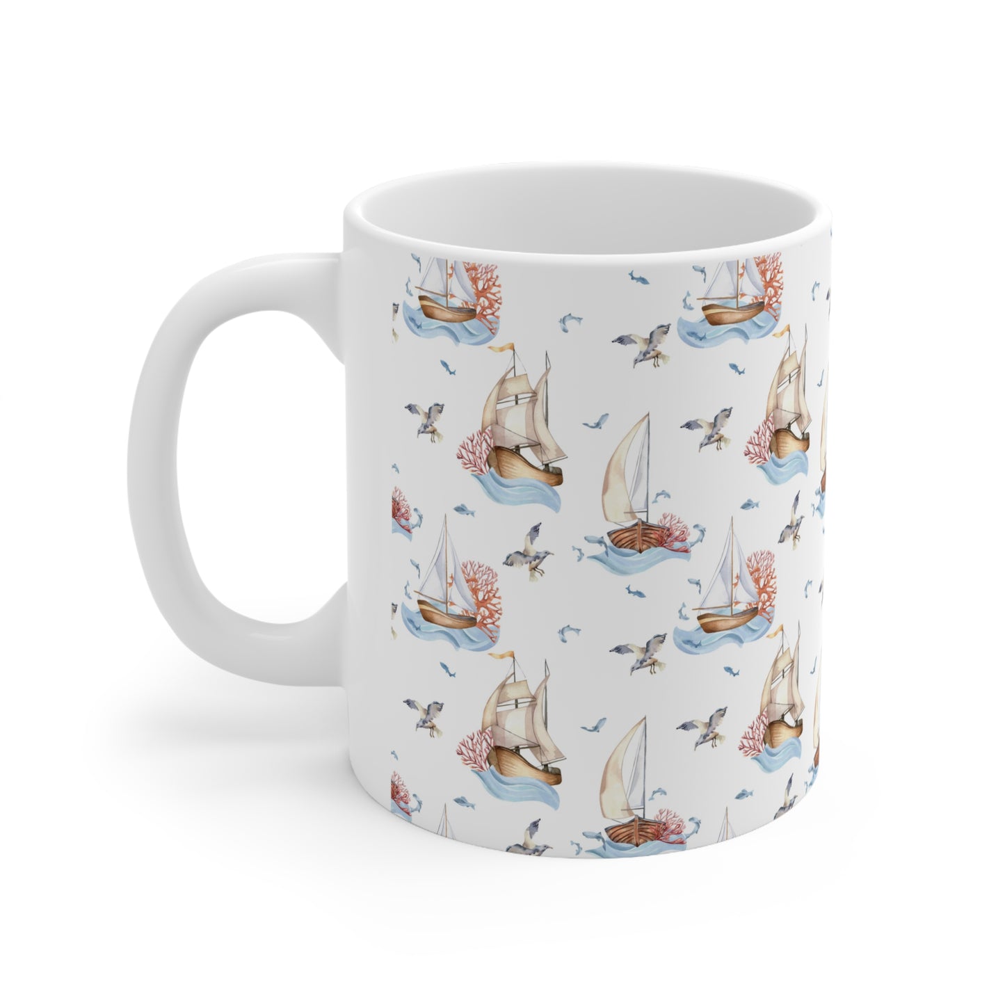 Coastal Serenity: White Ceramic Mug with Sailboats and Seagulls