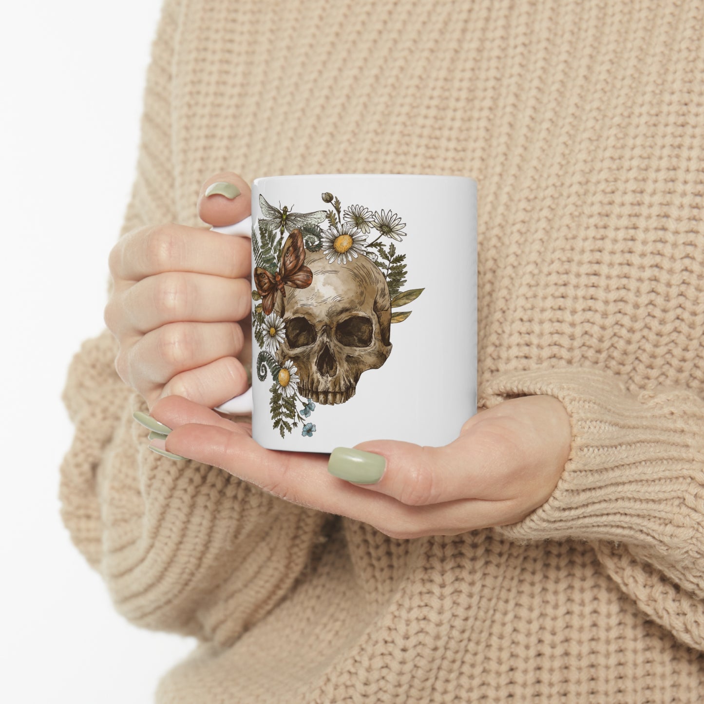 Enchanting Ceramic Mug 11oz with Butterfly, Dragonfly, and Floral Skull Design