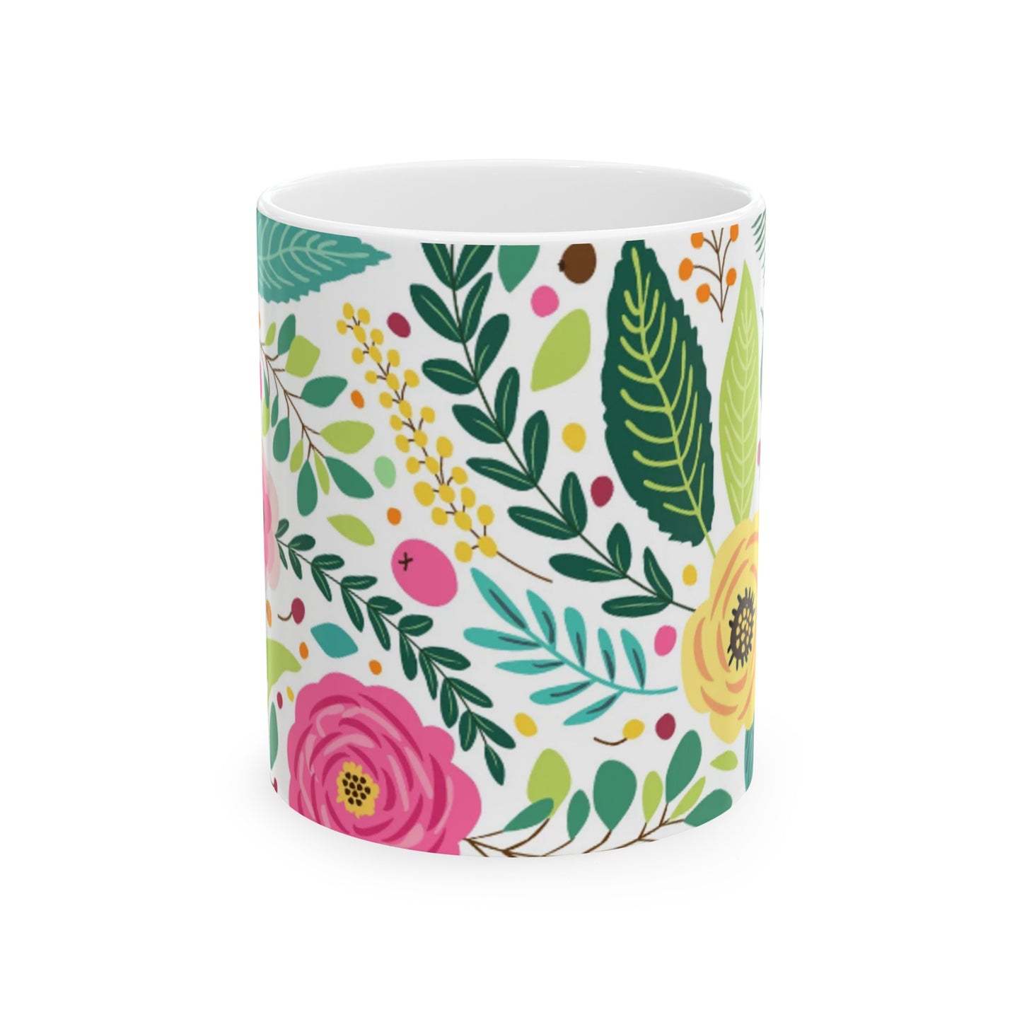 Bright Pink and Yellow Floral Ceramic Mug 11oz - Spring Design | BPA-Free