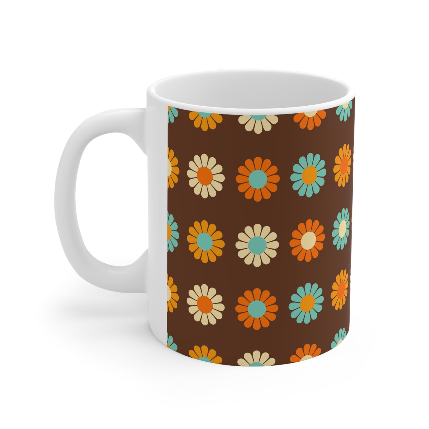 Vintage Earth Tones: Brown Ceramic Mug with Orange, Yellow, and Teal Pattern