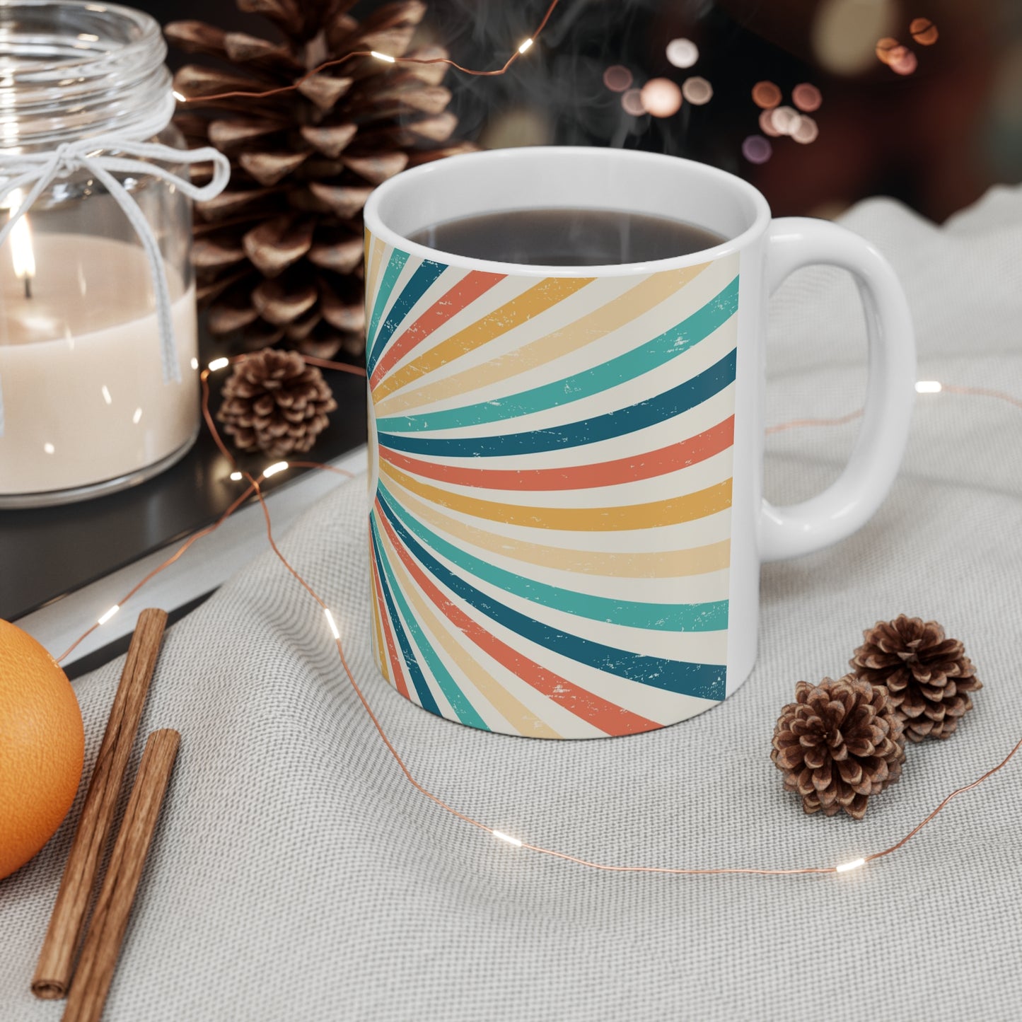 Retro Radiance Burst: Rainbow Sunburst Ceramic Mug