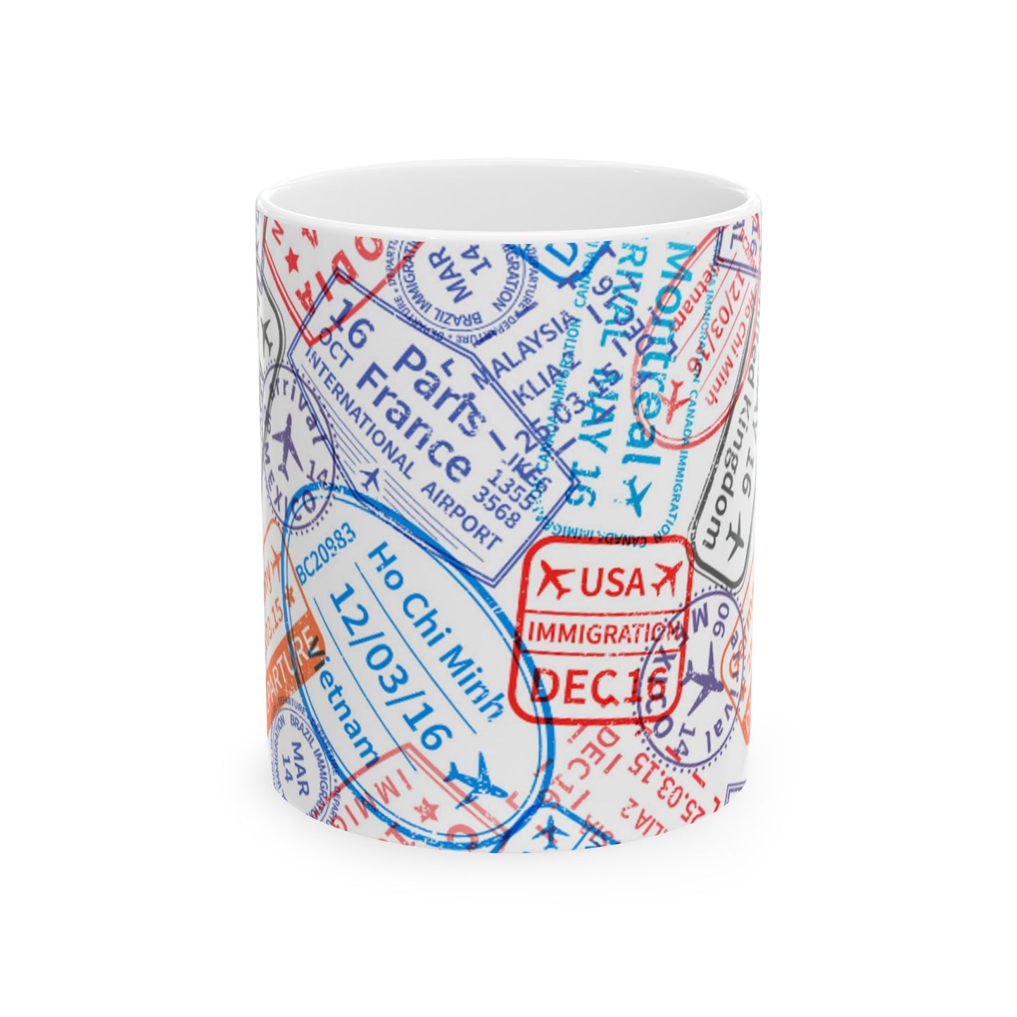 Vibrant Passport Stamp Ceramic Mug, 11oz